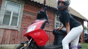 Girl In Helmet Jerks Pussy To Orgasm On Stepbrother’s Motorcyclye