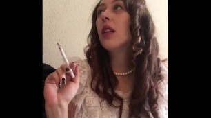 Goddess D Smoking Vs 120 in Pretty Vintage Lace Nightgown With Curled Hair