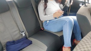 Busy worker in red heels and jeans masturbates her pussy and ass in a car uber